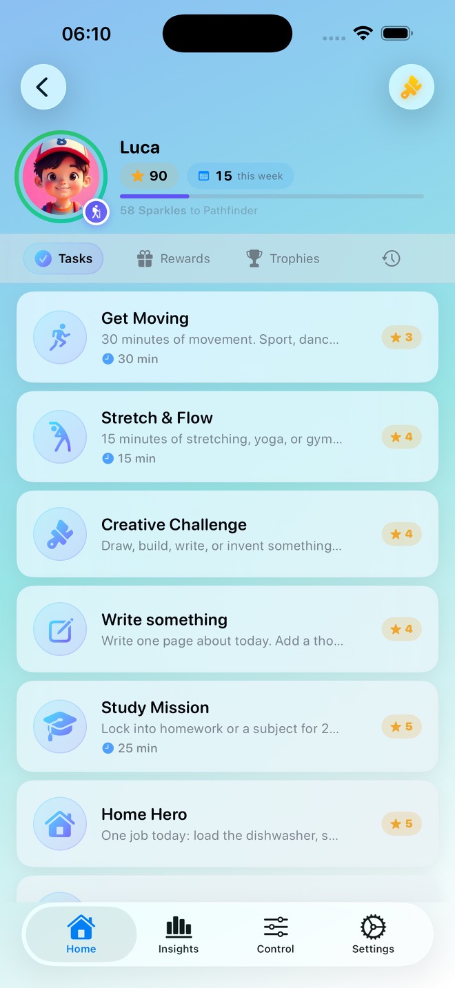 A child's task list with star values and a focus timer